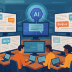 Redacción digital con pantallas mostrando traducciones multilingües generadas por IA.