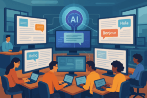Redacción digital con pantallas mostrando traducciones multilingües generadas por IA.