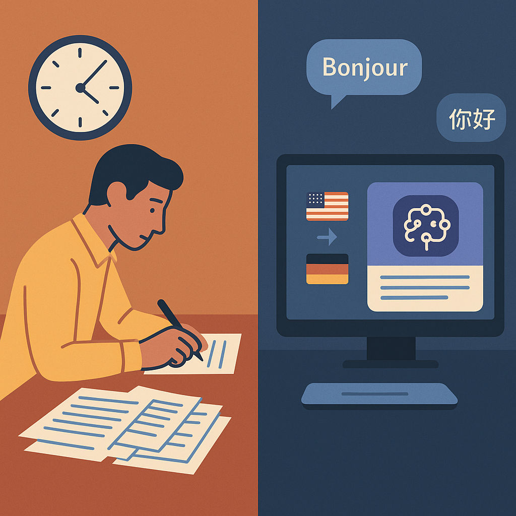 Comparación entre traducción manual lenta y traducción automática instantánea con IA.