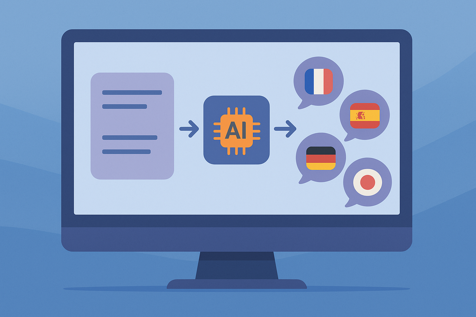 Flujo de traducción automática con IA mostrando salida en varios idiomas globales.
