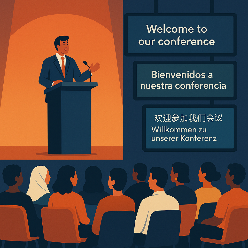 Conferencia internacional con subtítulos en tiempo real generados por traductor IA.