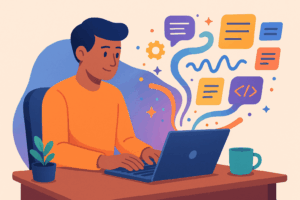Persona escribiendo con IA, ordenador con elementos digitales que representan ideas y palabras.