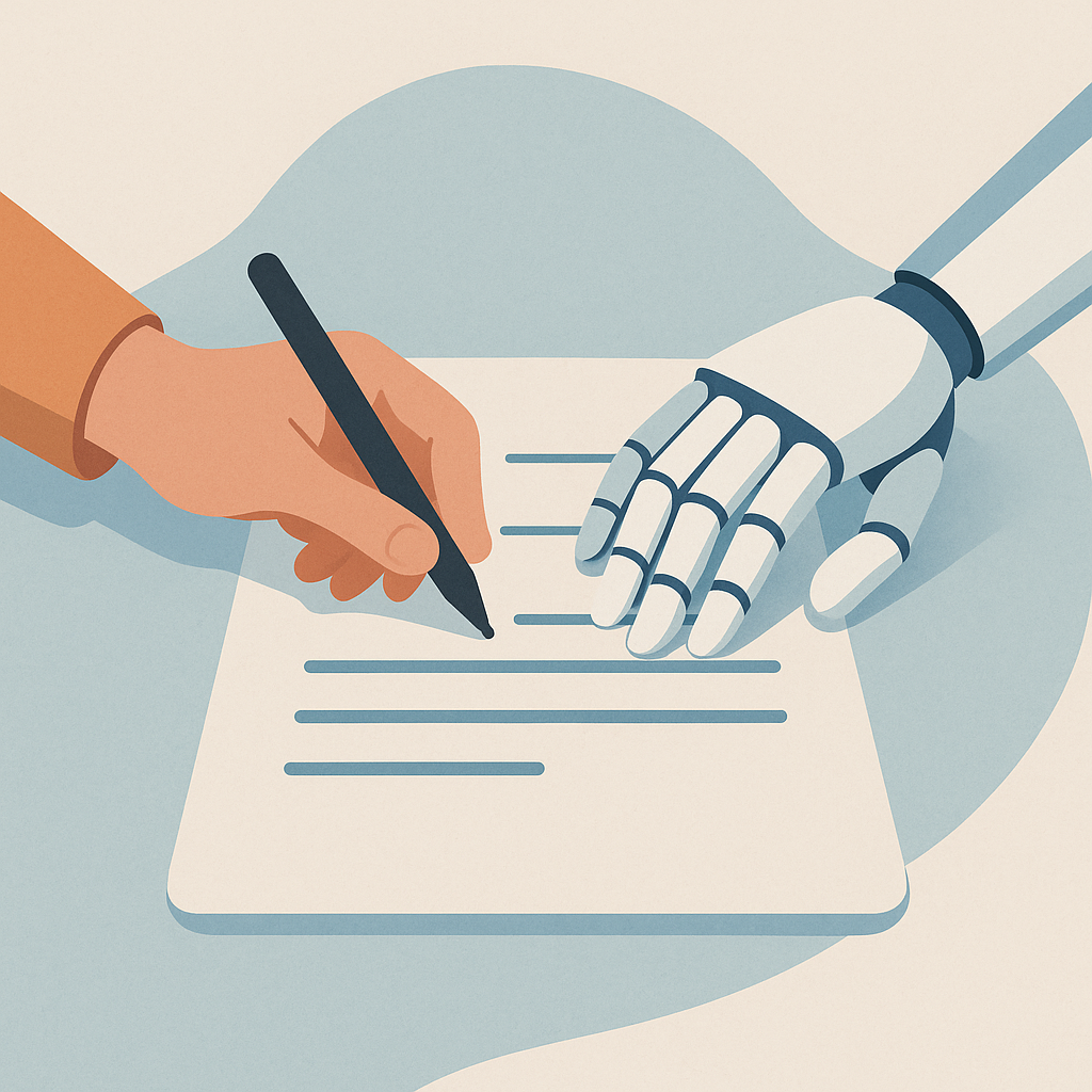 Mano humana y robótica escribiendo juntas en un documento digital.