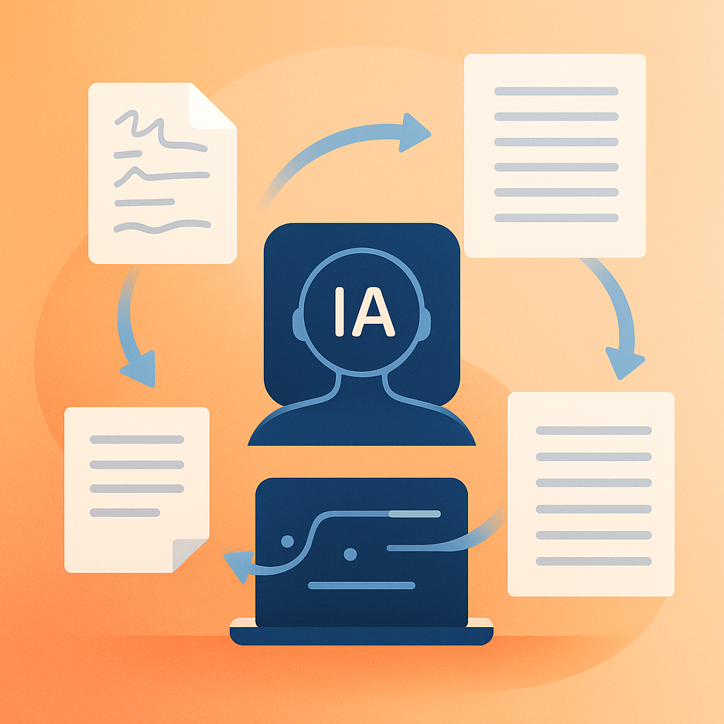 Escritor usando IA para crear textos en múltiples formatos digitales.