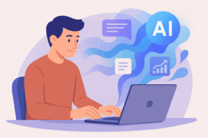 Profesional trabajando con laptop mientras la IA genera ideas y gráficos alrededor.