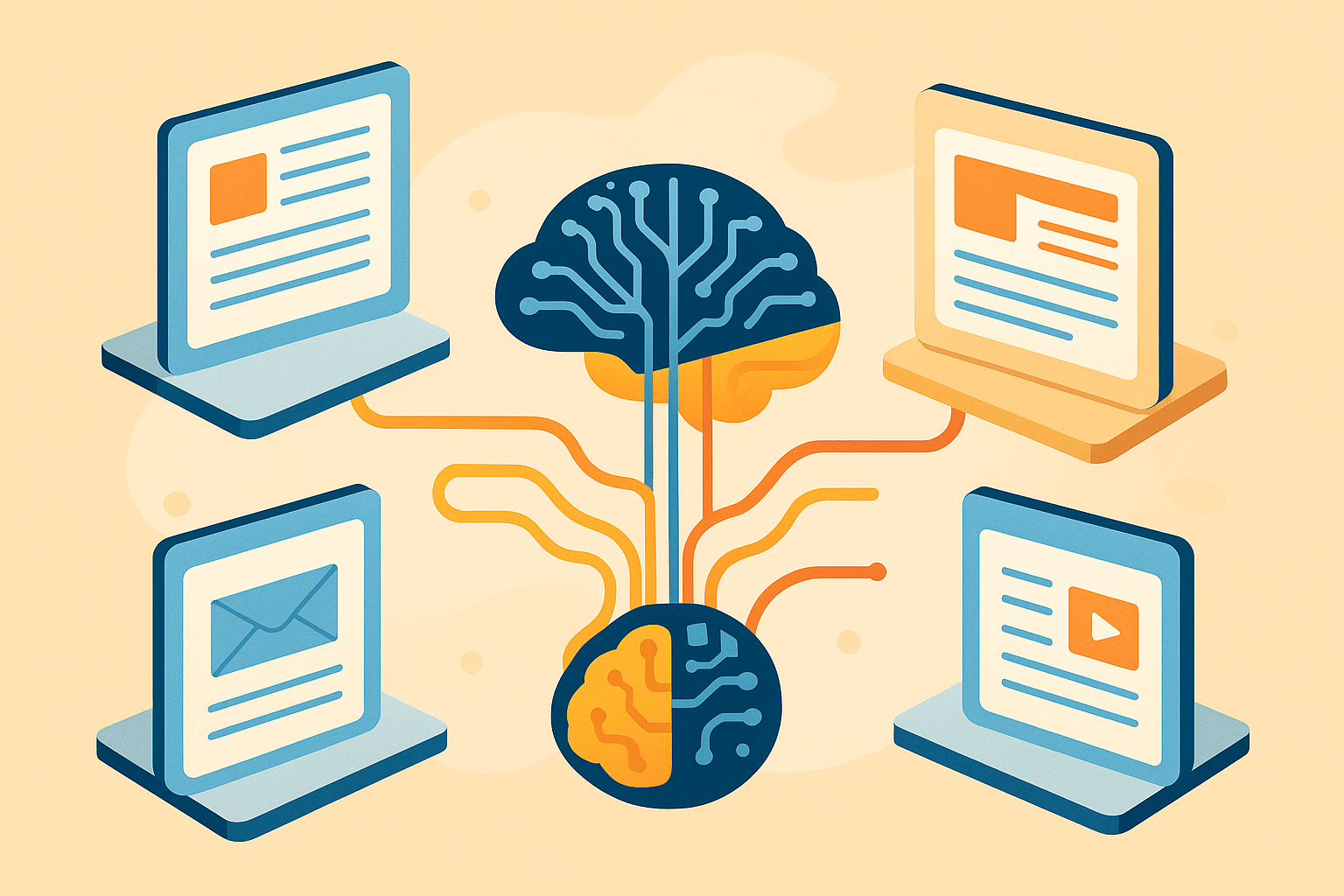 Flujos de contenido digital generados por un cerebro de IA en distintos formatos.