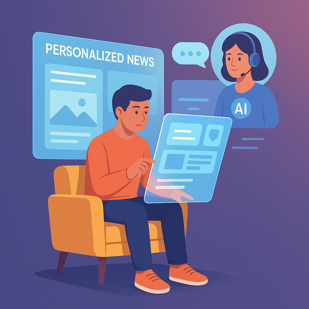 Usuario leyendo noticias personalizadas en holograma generado por un asistente de IA.