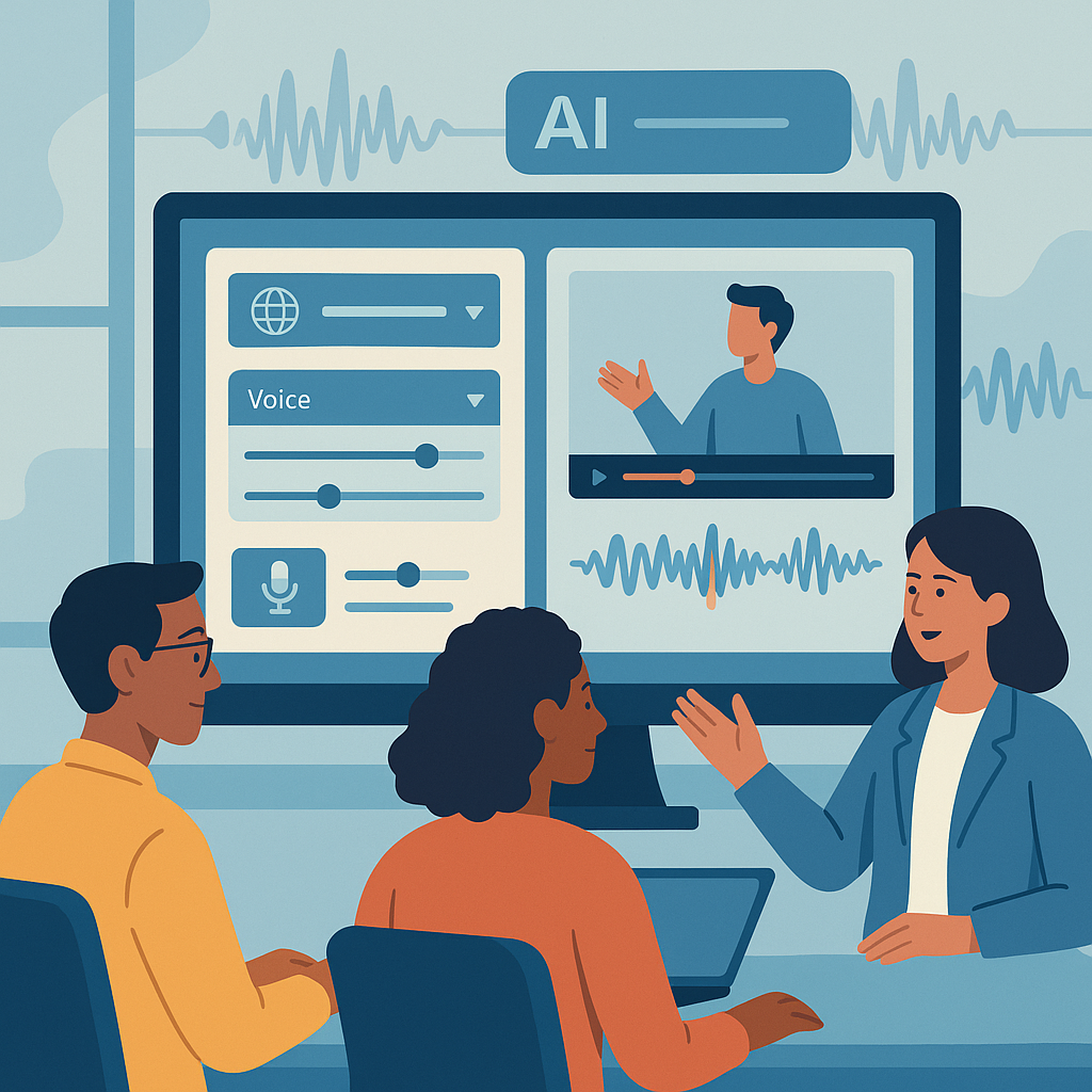 Equipo usando software de inteligencia artificial para automatizar doblaje.
