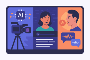 Pantalla dividida mostrando IA en producción, subtitulado y doblaje.