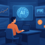 Redacción digital futurista con IA gestionando monetización de contenidos.