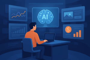 Redacción digital futurista con IA gestionando monetización de contenidos.